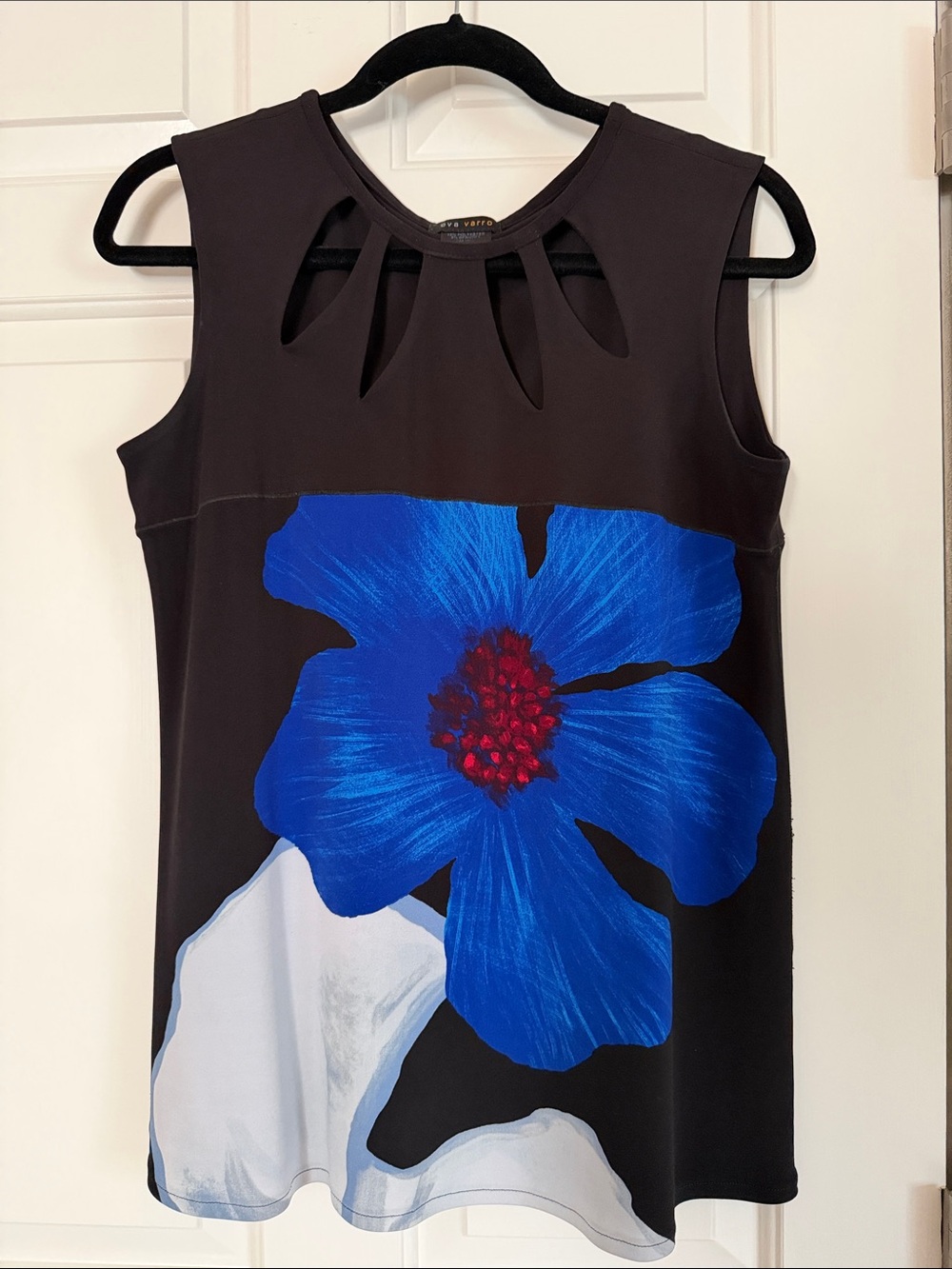 Sleeveless Black Top with Blue Floral Print